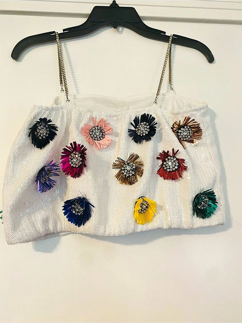 Queen of Sparkles White Sequin Multi Floral Rhinestone Strap Crop Top Floral